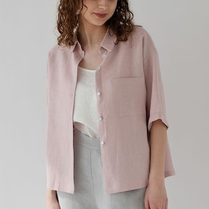 Women&#39;s Linen Boxy Top POSITANO, Oversized Shirt, White Pink Linen Blouse, Minimalist Natural Linen Button Down, Summer Unisex Plus Size