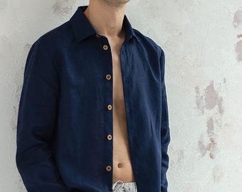 Marineblauw linnen herenshirt, linnen top met lange mouwen, button-up voor mannen, casual zomershirt, natuurlijk linnen kleding, cadeau voor hem