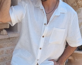 mens linen shirt short sleeve, linen beach shirt men, summer linen shirt, breathable linen shirt, resort wear men, cuba collar shirt