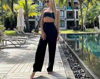 Pantalon en lin noir POSITANO avec taille élastique, jambes larges, pantalon de coupe classique avec poches - vêtements d'été en lin pour femme essentiels