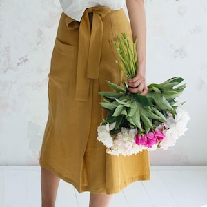 Midi Linen Skirt Japan – Women’s Wrap Skirt with Pockets, Summer Skirt, Linen skirt tall, petite, plus size, custom tailored skirt