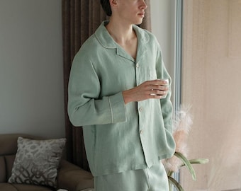 Pijama masculino de linho – Conjunto de roupa de dormir orgânica, roupa de descanso respirável, presente para ele, roupa de dormir de linho feita à mão