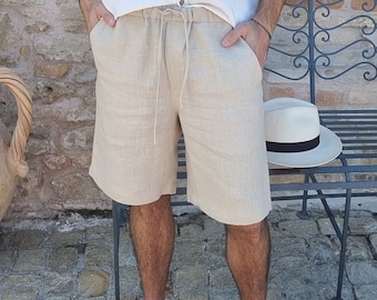 Men's linen shorts MIAMI - boxer shorts with elastic waist and drawstring, natural linen shorts for men, linen boxers, shorts herren