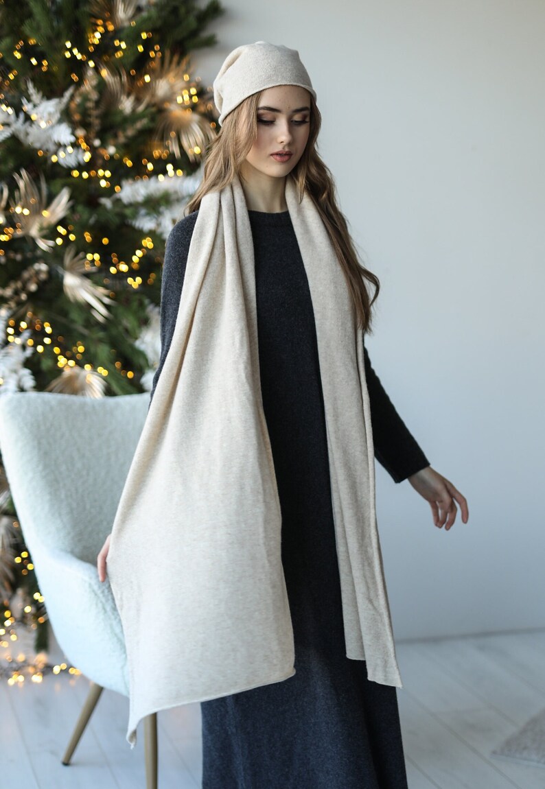Cashmere & wool scarf, luxurious oversized knit shawl, neck warmer, beige knitted soft shawl, long shoulder wrap, warm scarf, gift for her image 4