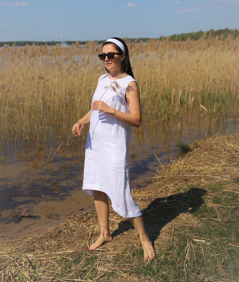Amalfitano White Linen Dress, midi linen clothing for women, sleeveless handmade sundress for ladies , women linen summer vacation outfit image 1