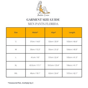 garment size guide for men's linen pants