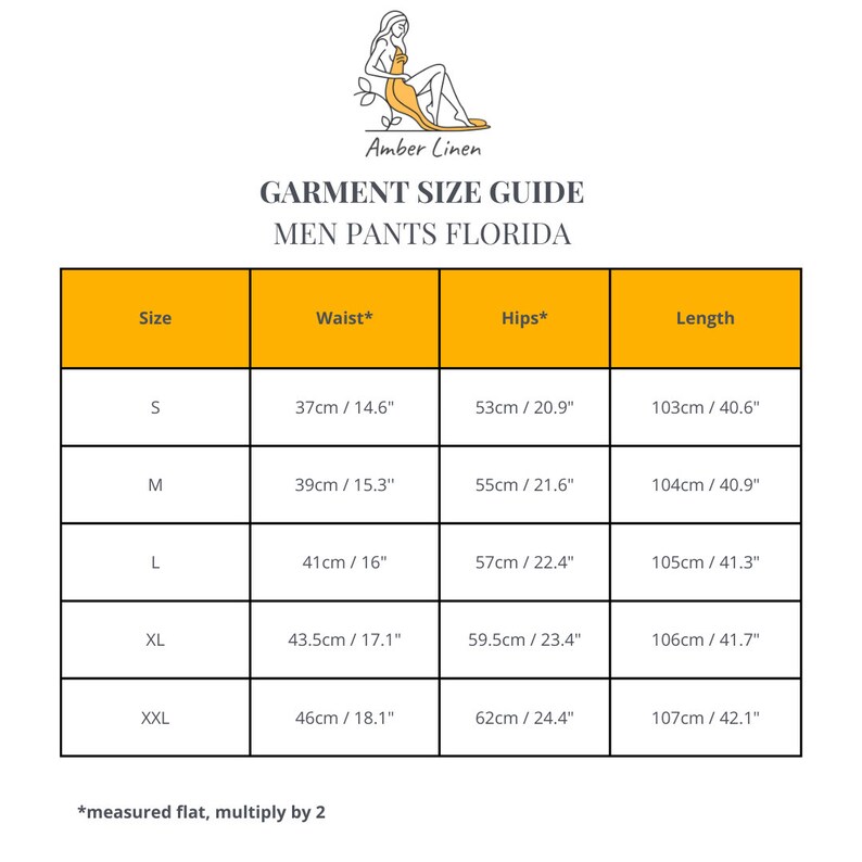 garment size guide for men's linen pants