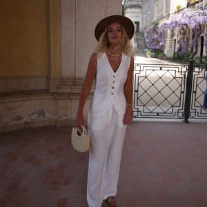 Linen Suit Cremona, White Linen Pantsuit for Women, Vest and Pants Set ...