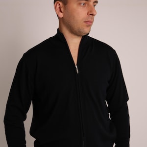 L-XL Blue Merino Wool Men&#39;s Sweater - Zipped Knit Pullover