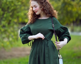Long Linen Dress | Boho Women’s Fall Winter Dress | Organic Maxi Dress with Sleeves | Casual Loose Fit dress | Green linen dress xs-xxxl