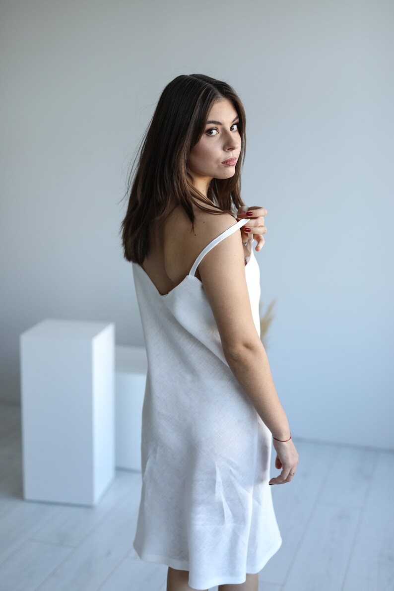 Sperlonga Linen Nightgown in White colour, handmade natural linen loose fit nightie slip dress in middle length, best nightdress for women image 6