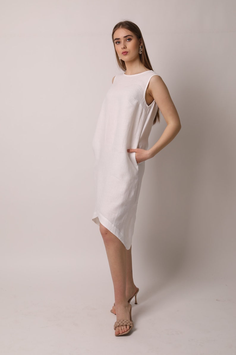 Amalfitano White Linen Dress, midi linen clothing for women, sleeveless handmade sundress for ladies , women linen summer vacation outfit image 3
