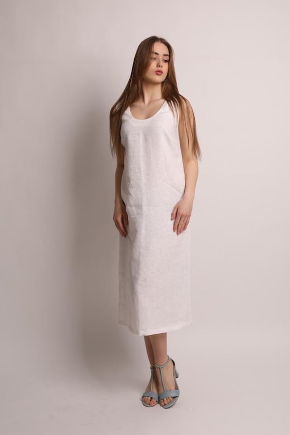White Linen Dress for Women, Midi Minimalist Sleeveless Tunic, Long Linen Tank Dress, Linen Style Clothing