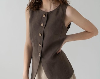Handmade Linen Vest LUXE: Women's Brown Minimalist Waistcoat, Sizes xs-xxxl