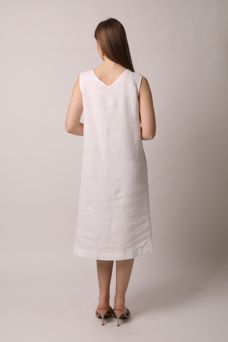 Amalfitano White Linen Dress, midi linen clothing for women, sleeveless handmade sundress for ladies , women linen summer vacation outfit image 4