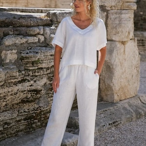 Women linen set of two, linen top and pants suit, loose summer white linen 2 piece set outfit, linen clothing for women, top and trousers