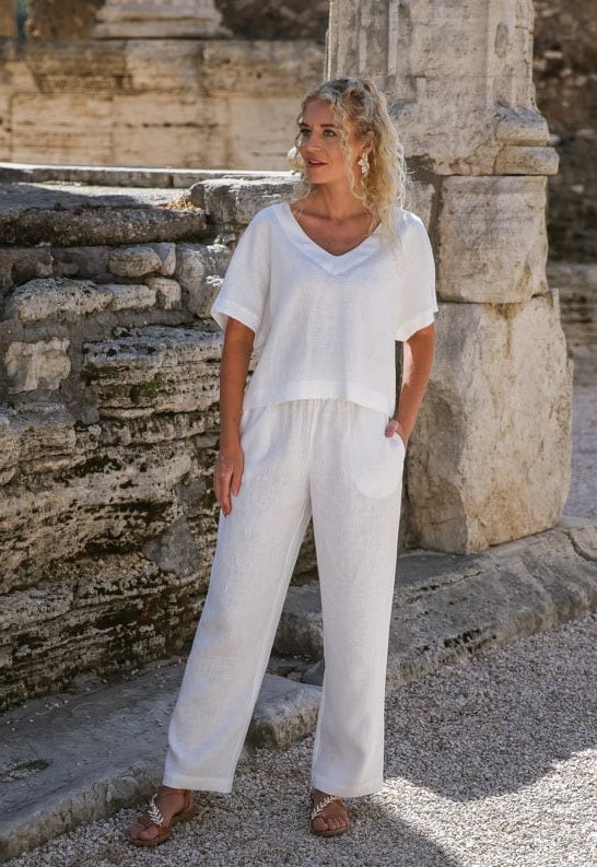 Women linen set of two, linen top and pants suit, loose summer white linen 2 piece set outfit, linen clothing for women, top and trousers