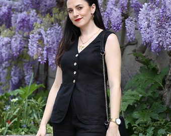 Linen vest JAVA in black - top choice formal button up vest, this women waistcoat is perfect gift for mom, girlfriend, business casual look