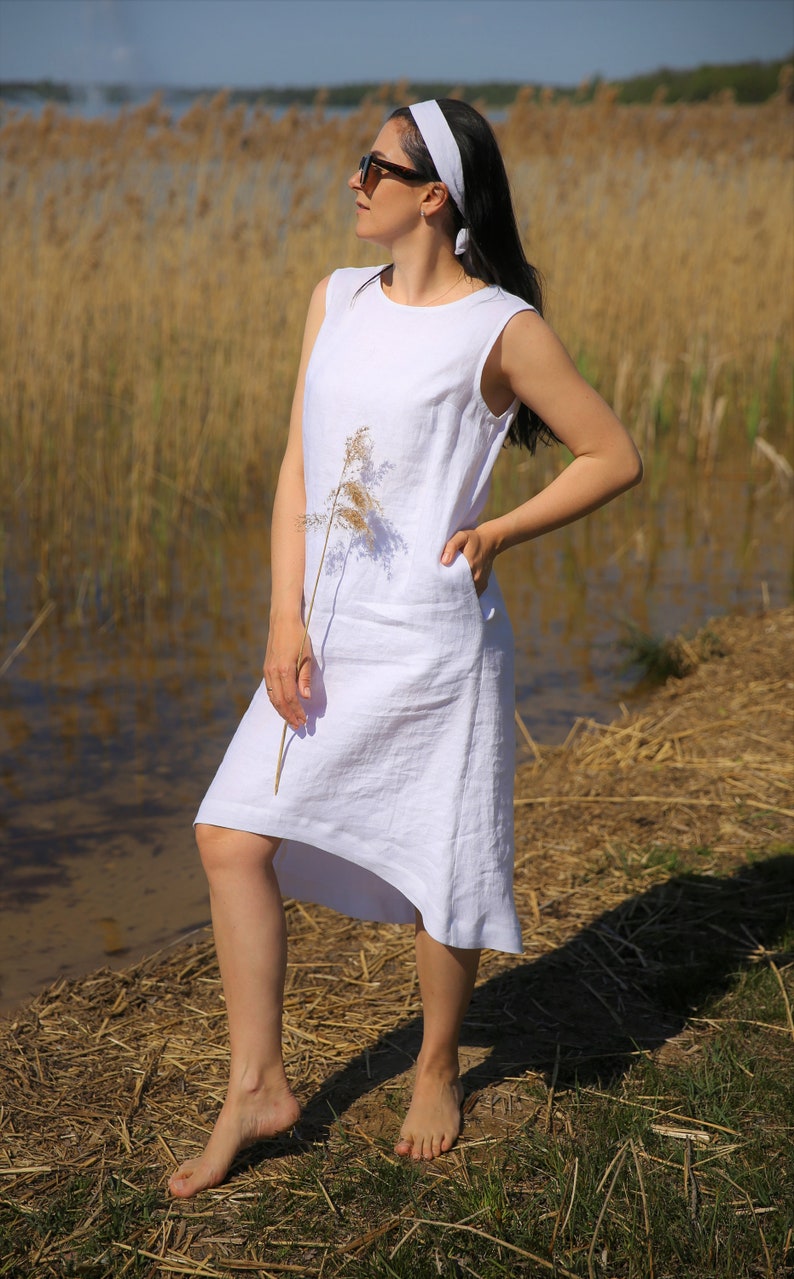 Amalfitano White Linen Dress, midi linen clothing for women, sleeveless handmade sundress for ladies , women linen summer vacation outfit image 8