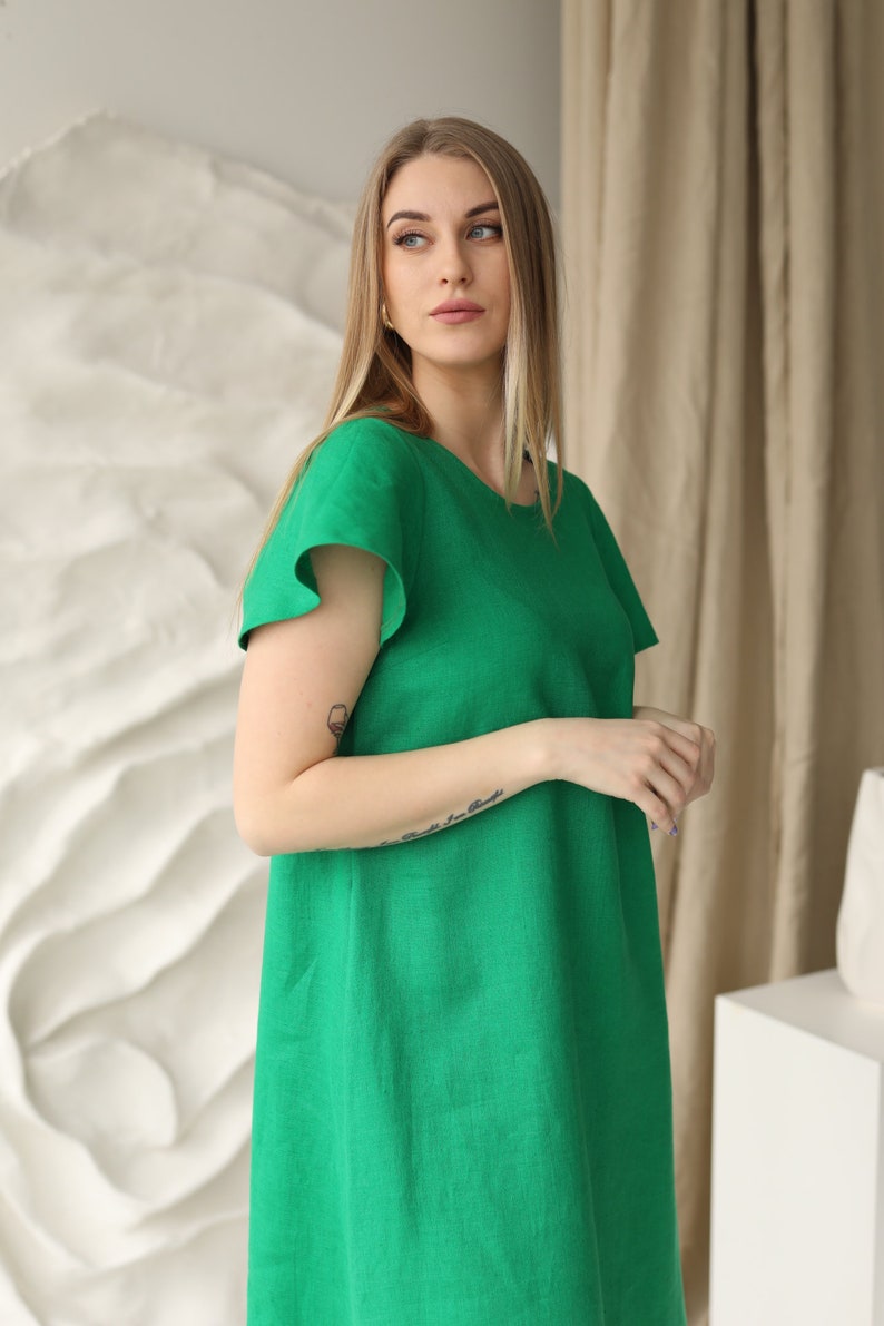 Capri Linen Dress in emerald green, midi length relaxed fit sundress with pockets, loose fit vacation linen clothing with belt, low high hem image 3