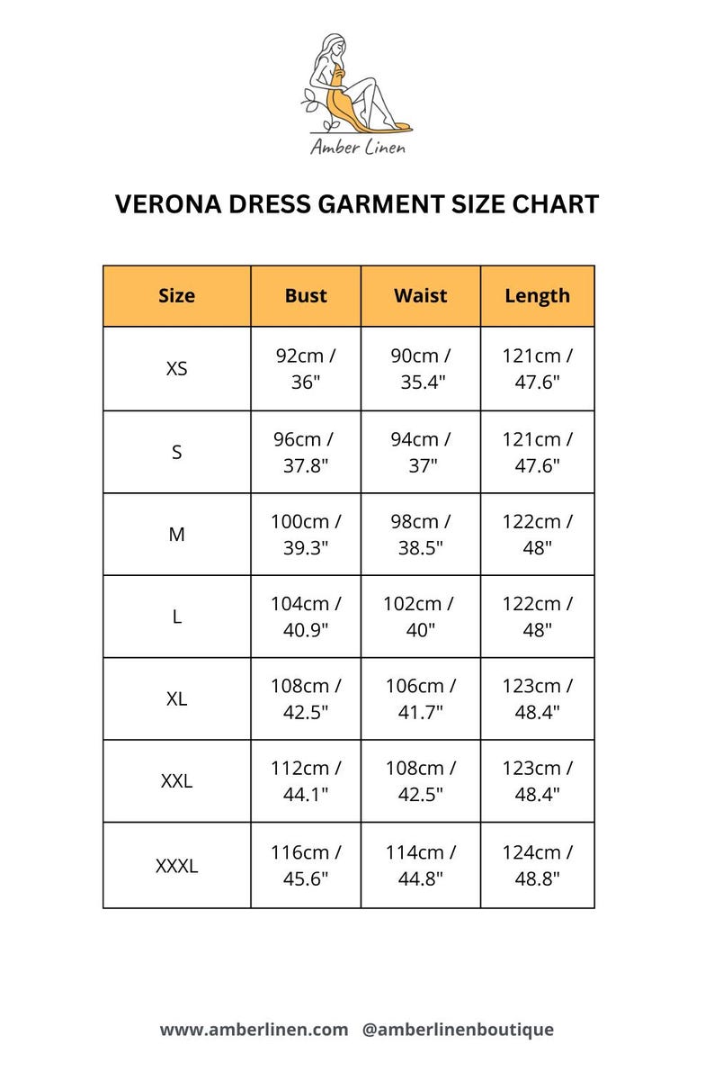 amber linen verona dress size chart