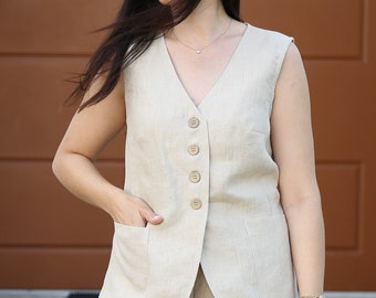 Long Linen Vest, Sleeveless Cardigan Vest, Linen Cardigan Vest