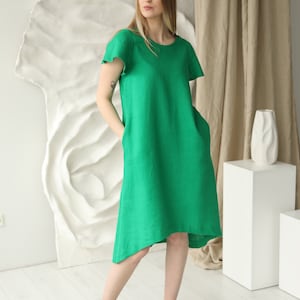 Capri Linen Dress in emerald green, midi length relaxed fit sundress with pockets, loose fit vacation linen clothing with belt, low high hem image 2