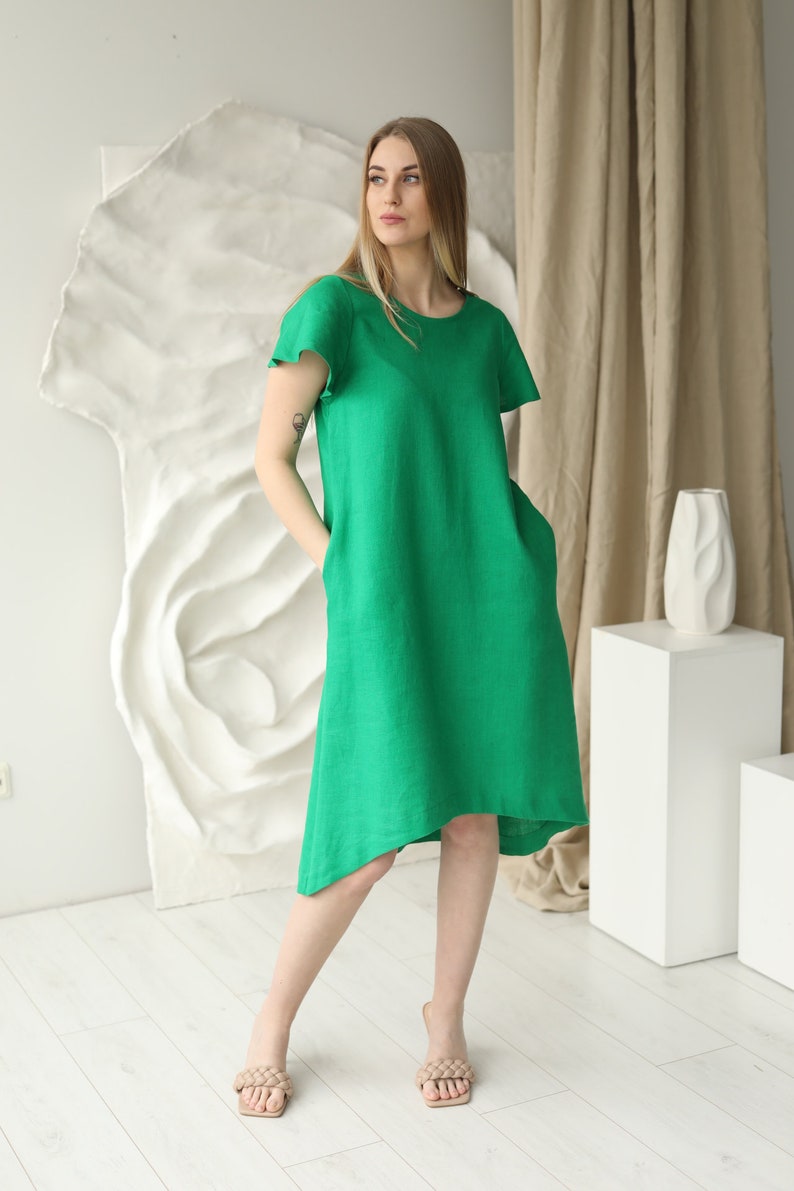 Capri Linen Dress in emerald green, midi length relaxed fit sundress with pockets, loose fit vacation linen clothing with belt, low high hem image 2