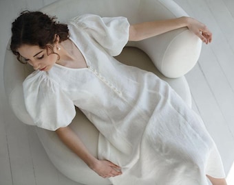 White wedding linen dress Marbella, simple beach wedding guest, bridesmaid, summer bohemian midi women's 100 linen dress with puffy sleeves