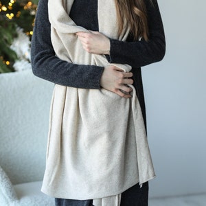 Cashmere & wool scarf, luxurious oversized knit shawl, neck warmer, beige knitted soft shawl, long shoulder wrap, warm scarf, gift for her image 3