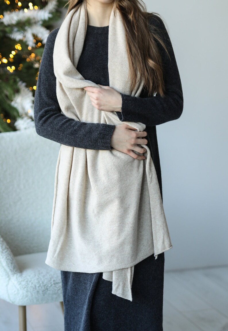 Cashmere & wool scarf, luxurious oversized knit shawl, neck warmer, beige knitted soft shawl, long shoulder wrap, warm scarf, gift for her image 3