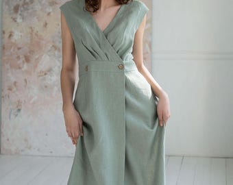 Linen wrap dress GRACE – sage green sleeveless summer midi linen dress for women, organic pure linen v neck wrap dress, petite-plus size
