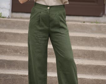 【Italy製】80〜90s linen slacks 80s White Linen Crisp Trousers Vintage Straight Leg Classic