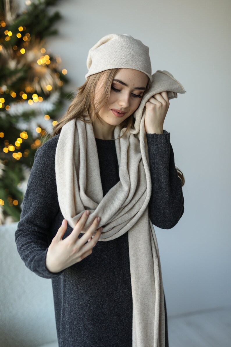 Girl wrapped in Cashmere & Wool scarf, luxurious oversized knit scarf, chunky neck warmer, Beige knitted soft shawl, long shoulder wrap, winter warm scarf