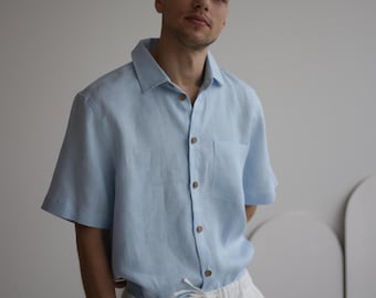 Men's Linen Shirt HAVANA, Short Sleeve Button Up, European Linen Summer Shirt, Beach Shirt for Men