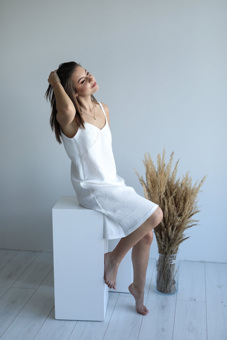 Sperlonga Linen Nightgown in White colour, handmade natural linen loose fit nightie slip dress in middle length, best nightdress for women image 7