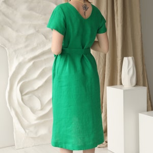 Capri Linen Dress in emerald green, midi length relaxed fit sundress with pockets, loose fit vacation linen clothing with belt, low high hem image 4