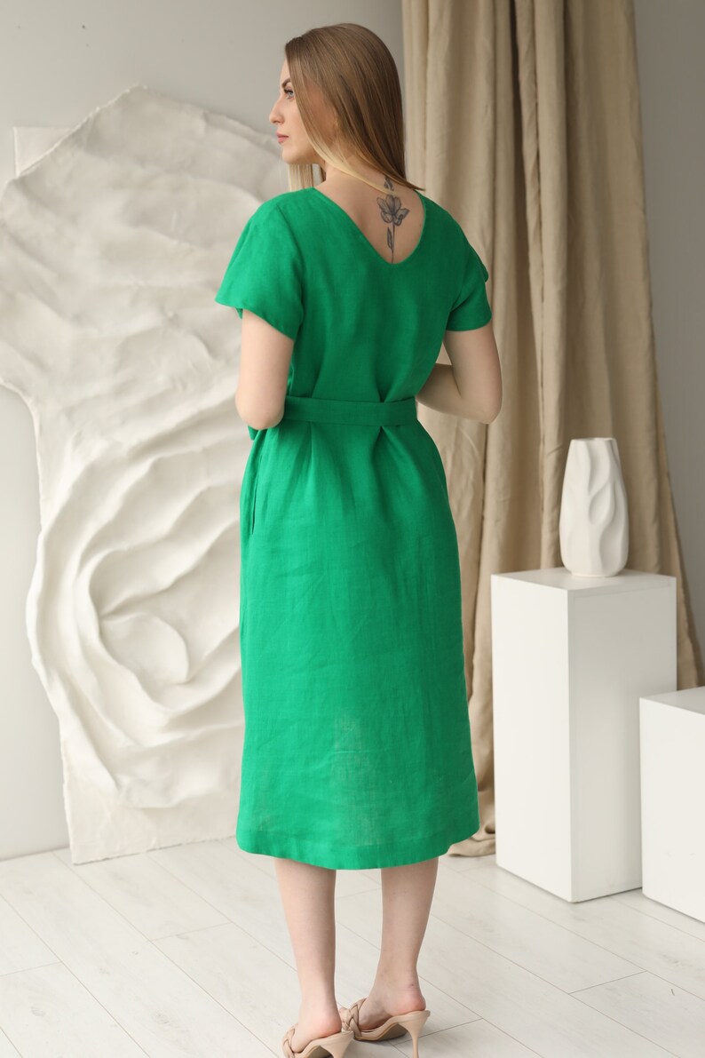 Capri Linen Dress in emerald green, midi length relaxed fit sundress with pockets, loose fit vacation linen clothing with belt, low high hem image 5