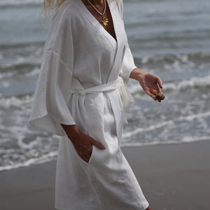Organic Linen Robe, kimono natural midi linen bathrobe,  white linen beach robe, petite, plus size linen clothing, bride, bridesmaid robe