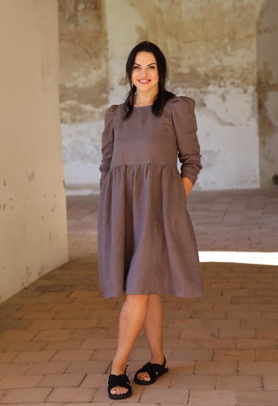Midi Smock Linen Dress Sarah With Puff Long Sleeves, Pockets, Loose Fit Tunic, Plus Size Dress for Ladies, Timeless Pregnancy Brown Dress - Etsy Israel Midi Smock Linen Dress Sarah With Puff Long Sleeves, Pockets, Loose Fit Tunic, Plus Size Dress for Ladies, Timeless Pregnancy Brown Dress - Etsy Israel