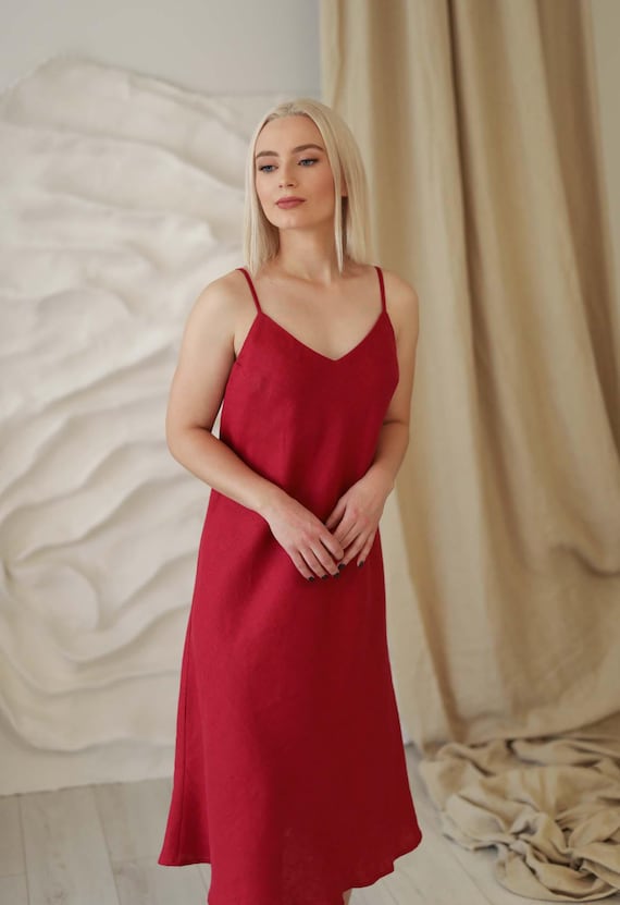 Slip Linen Midi Dress Sperlonga, Romantic Boho Flowy Red Women's