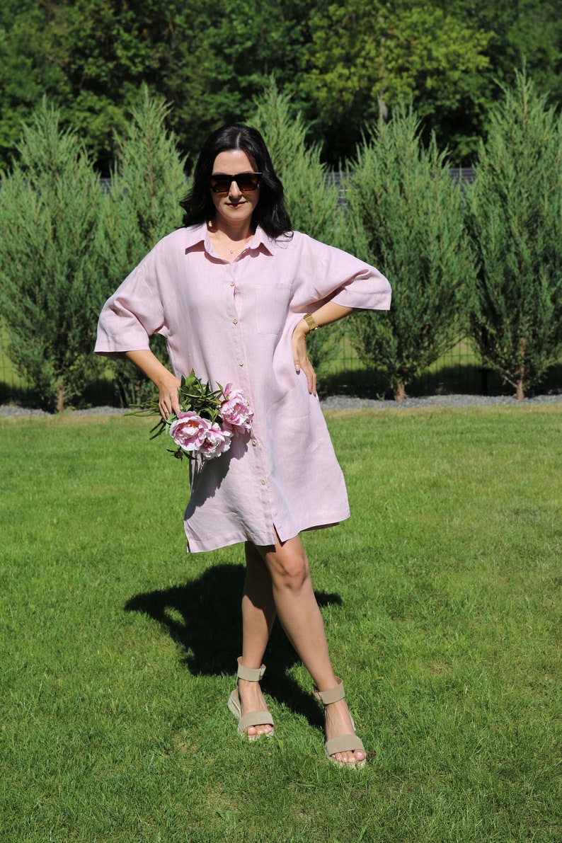 Linen COMO shirt dress midi in dusty pink - linen button up dress - loose linen casual work dress
