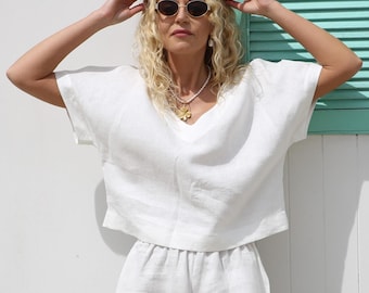 White Linen Top: Ladies Oversize Summer V-Neck