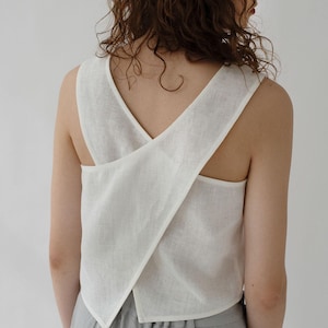 Linen tank top PINAFORE, cross back linen Top for Women, Sleeveless Crop Top, White or Black Linen Tank, Women’s Linen Clothing