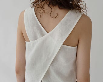 Linen tank top PINAFORE, cross back linen Top for Women, Sleeveless Crop Top, White or Black Linen Tank, Women’s Linen Clothing