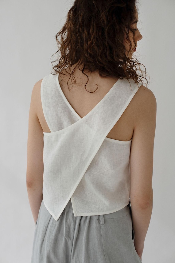 Linen tank top PINAFORE, cross back linen Top for Women, Sleeveless Crop Top, White or Black Linen Tank, Women’s Linen Clothing