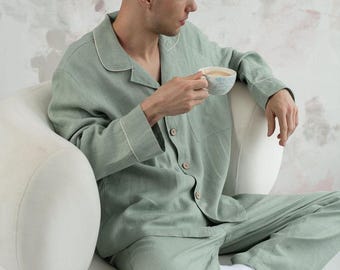 Linen pajama pants and shirt set for men Canada - organic linen bedding loungewear set, best men's linen sleepwear pajamas, gift for men