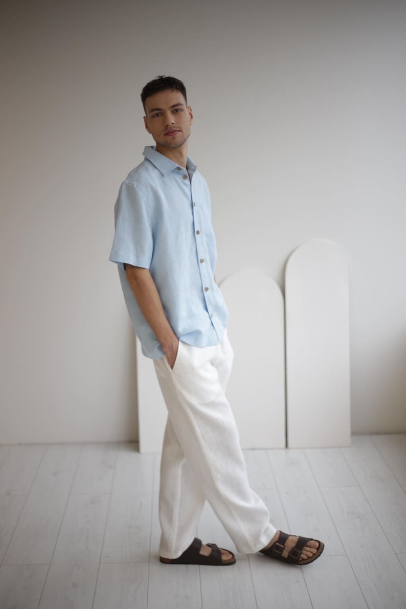 Men's white linen pants FLORIDA, classic design for smart casual style. Lightweight, breathable fabric perfect for summer.