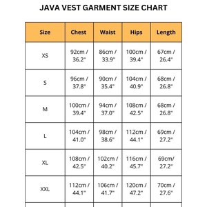 JAVA vestgarment size chart
