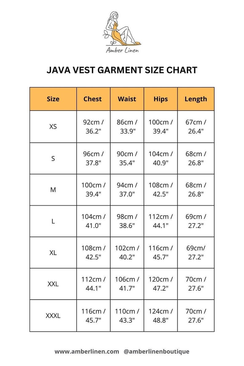JAVA vestgarment size chart